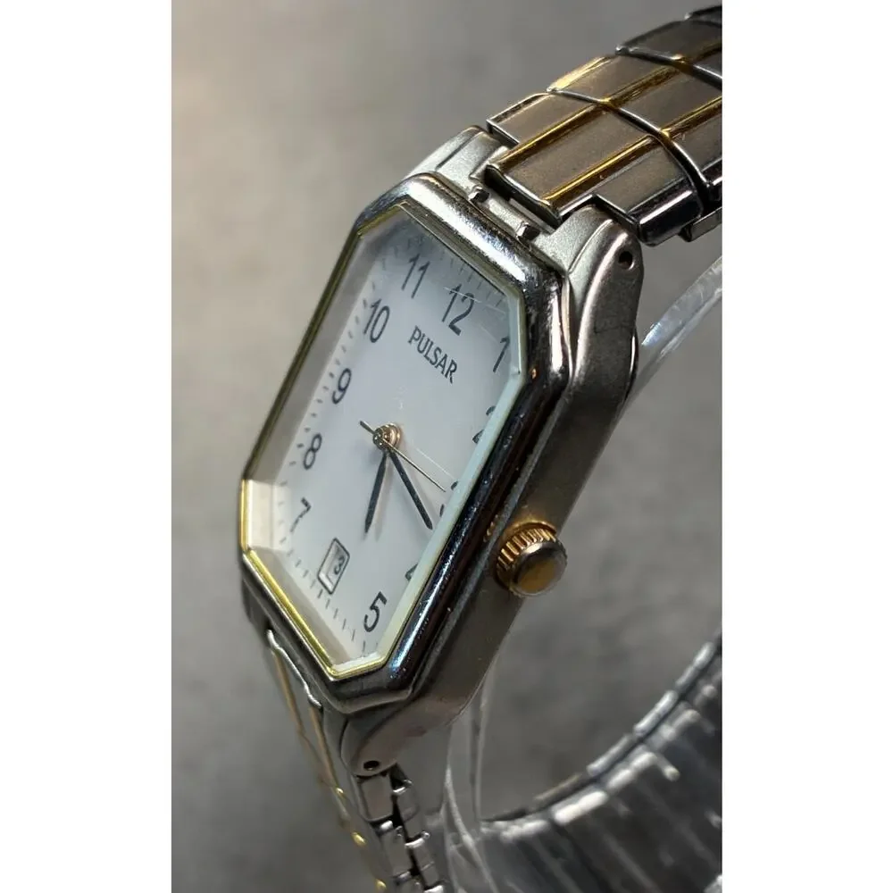 Pulsar Tank Style Men's Quartz Watch Two Tone White Dial Rare VJ32-X166 Working